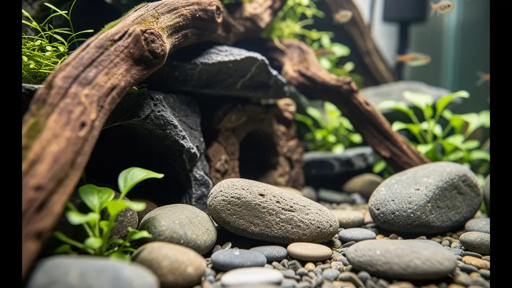 Aquarium de fish spa montrant un environnement enrichi avec cachettes et substrat adapté