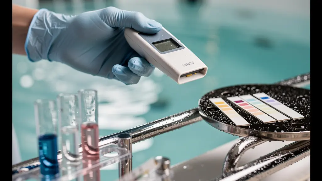 Gros plan sur un carnet de maintenance sanitaire avec relevés de température et mesures de pH dans un spa professionnel