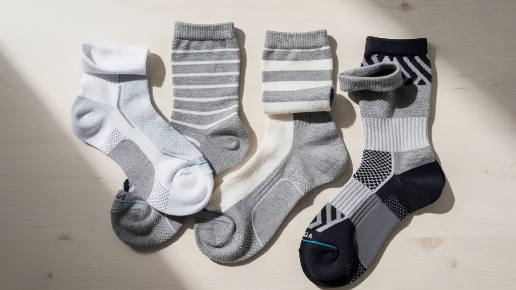 Détail de chaussettes techniques avec zones de renfort visibles