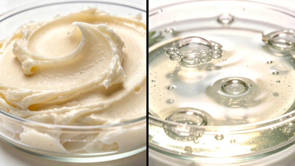 Gros plan macro sur deux textures naturelles côte à côte montrant la richesse du beurre de karité et la fraîcheur du gel d'aloe vera