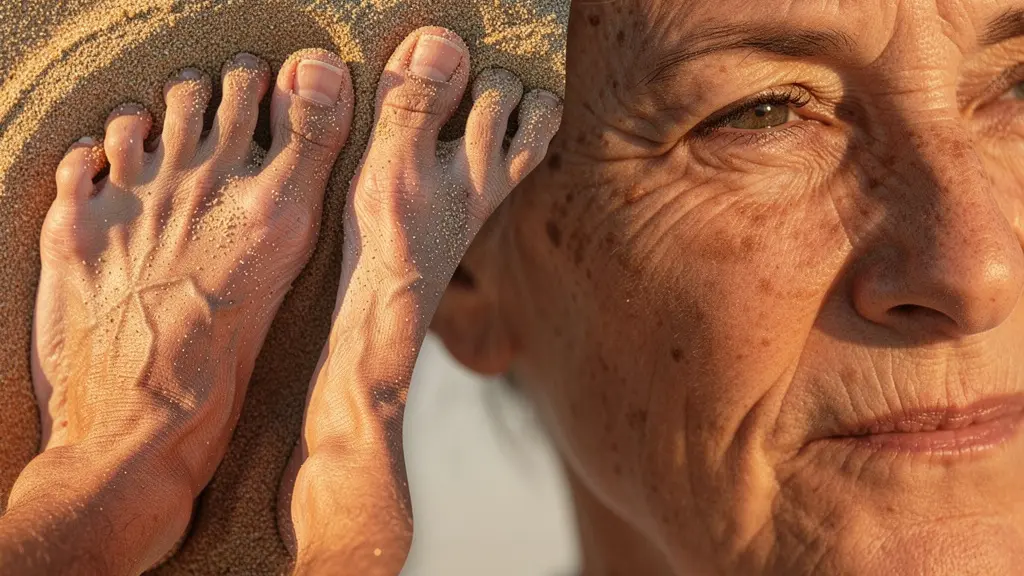 Comparaison subtile entre la texture de la peau des pieds et du visage montrant les différences de vieillissement