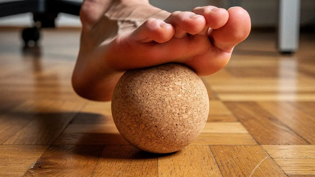 Pieds nus sur une balle de massage sous un bureau en bois, avec des plantes vertes en arrière-plan