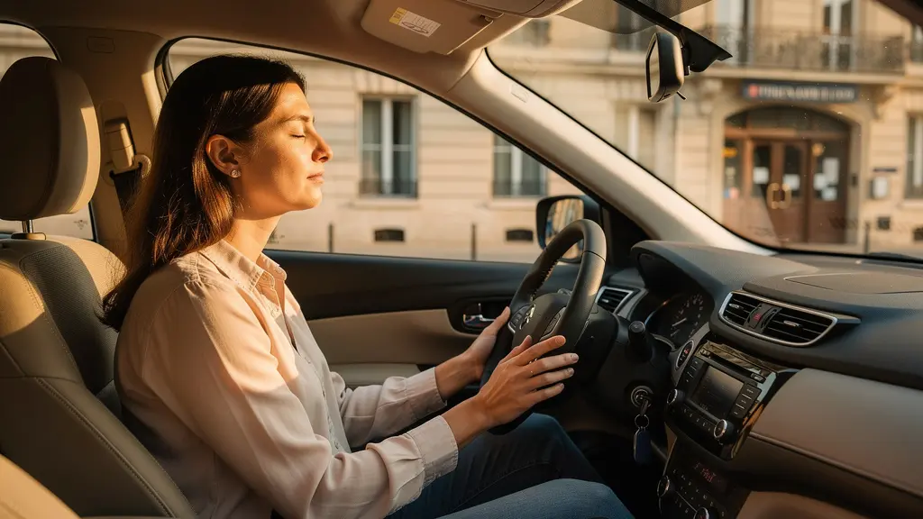 Femme pratiquant un exercice de respiration dans sa voiture garée, yeux fermés, expression apaisée