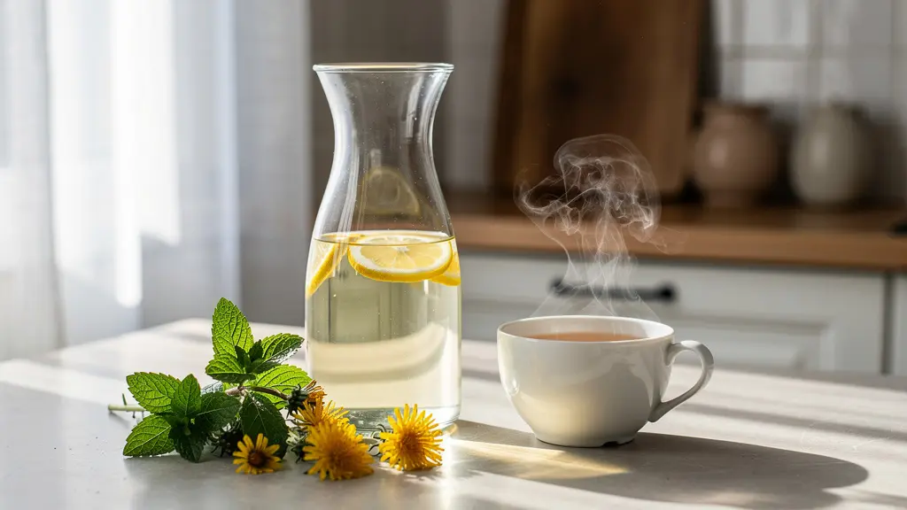 Composition minimaliste d'une routine d'hydratation drainante avec tisane et eau minérale