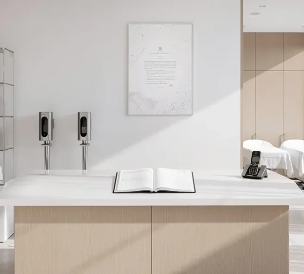 Vue d'un institut de beauté moderne avec certificat officiel ARS encadré, équipements sanitaires professionnels et ambiance luxueuse