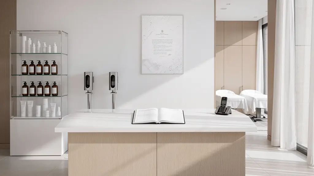 Vue d'un institut de beauté moderne avec certificat officiel ARS encadré, équipements sanitaires professionnels et ambiance luxueuse