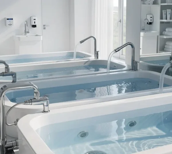 Vue d'un bassin de fish spa avec système de filtration visible et environnement professionnel