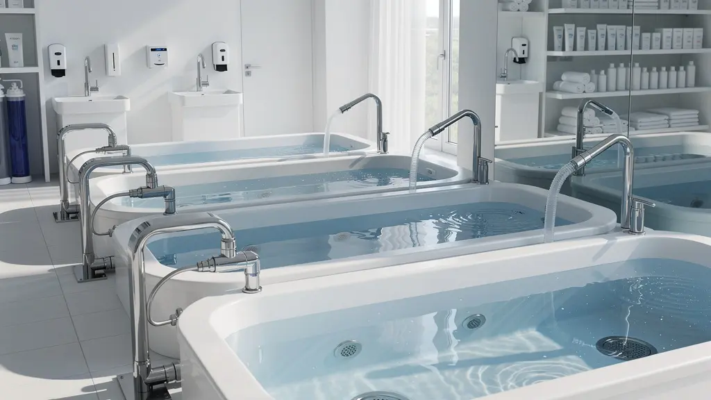Vue d'un bassin de fish spa avec système de filtration visible et environnement professionnel
