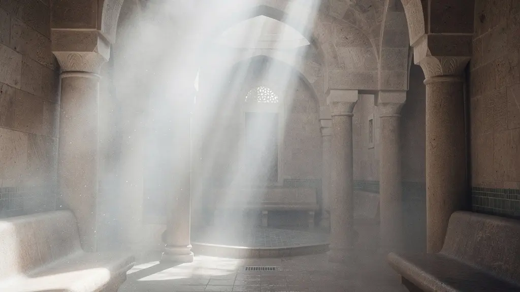 Intérieur d'un hammam traditionnel avec vapeur d'eau créant une atmosphère mystérieuse et apaisante