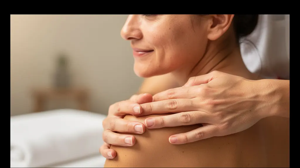 Mains effectuant un massage des trapèzes avec technique de pétrissage visible