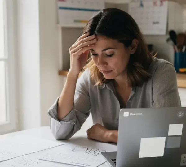 Femme multitâche gérant simultanément enfants, travail et maison dans un intérieur français lumineux