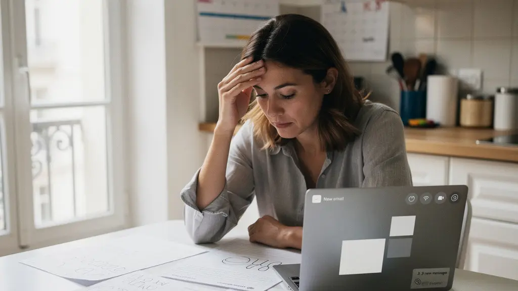Femme multitâche gérant simultanément enfants, travail et maison dans un intérieur français lumineux