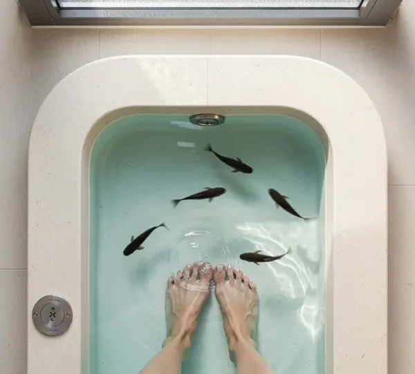 Pieds détendus dans un bassin avec des poissons Garra Rufa en action thérapeutique