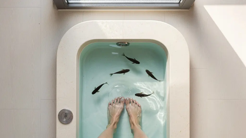 Pieds détendus dans un bassin avec des poissons Garra Rufa en action thérapeutique