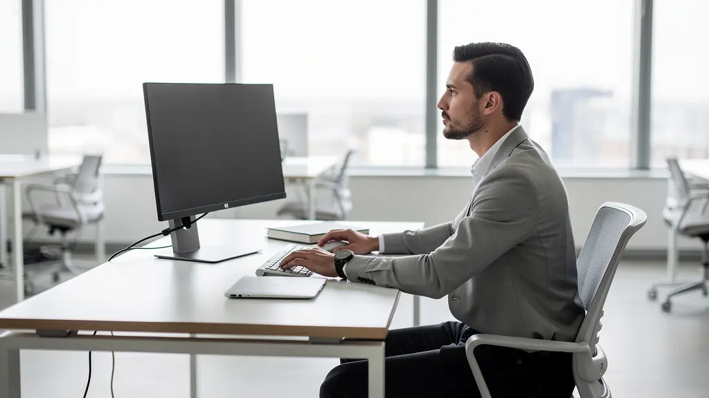 Vue latérale d'une personne assise au bureau montrant l'alignement correct de la colonne vertébrale