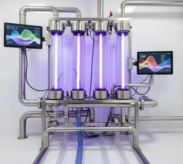 Vue professionnelle d'un système de filtration UV-C pour bassin de fish pédicure dans un environnement médical épuré