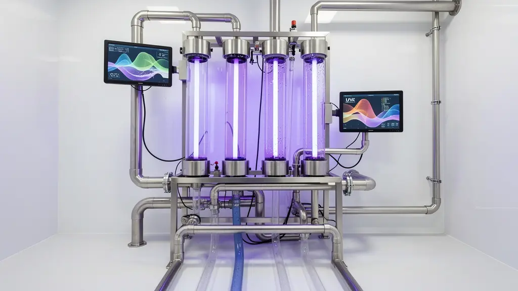 Vue professionnelle d'un système de filtration UV-C pour bassin de fish pédicure dans un environnement médical épuré