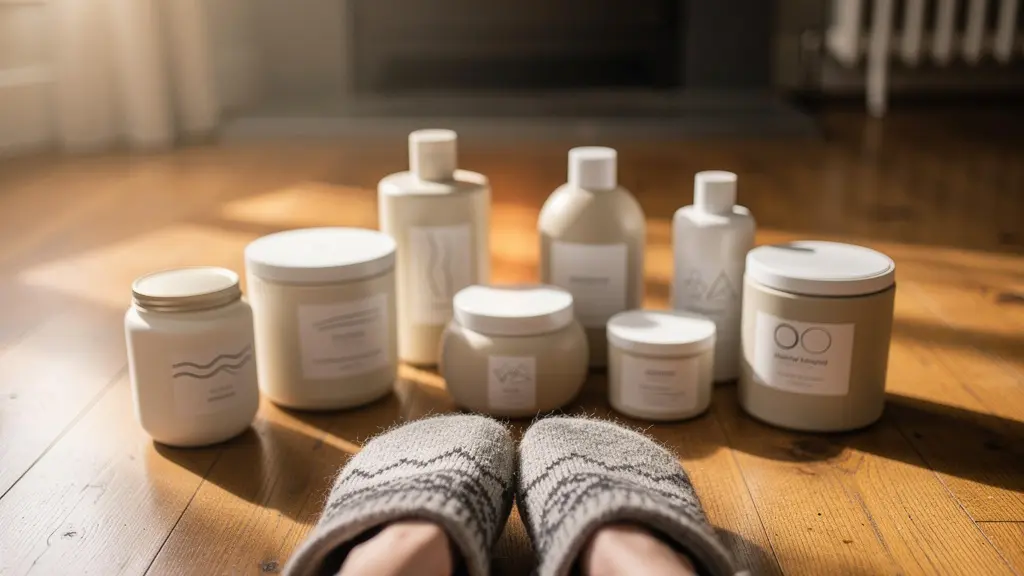 Pieds confortablement installés dans des chaussons en laine avec produits de soin disposés à proximité dans un intérieur chaleureux