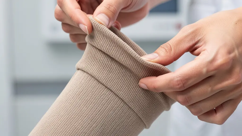 Détail des mains montrant la technique d'enfilage des bas de contention