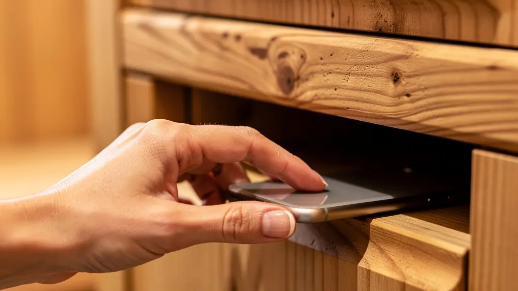 Main féminine déposant délicatement un smartphone éteint dans un casier en bois, ambiance spa apaisante