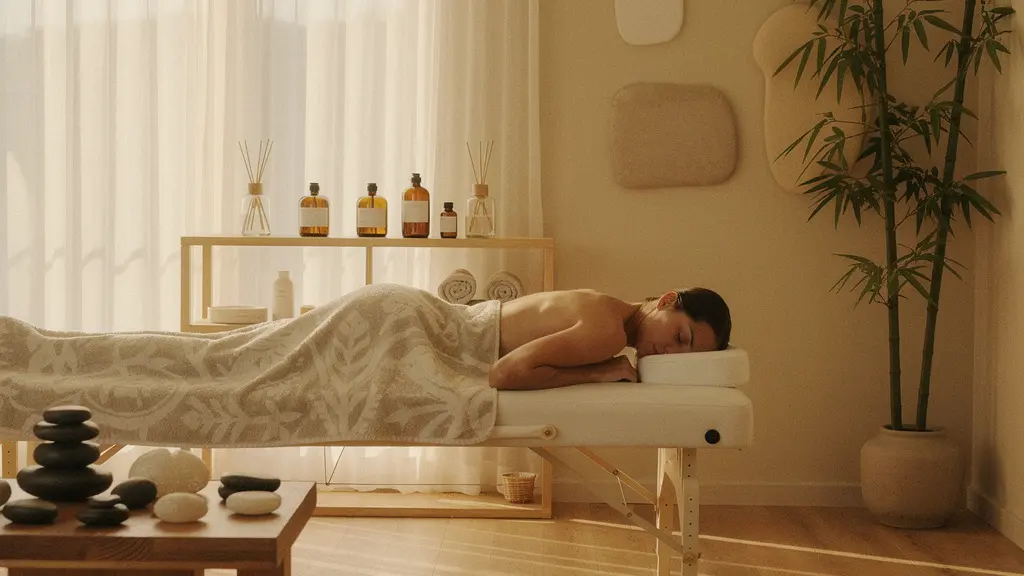 Personne allongée dans un spa zen avec pierres chaudes et huiles essentielles, lumière douce et atmosphère apaisante