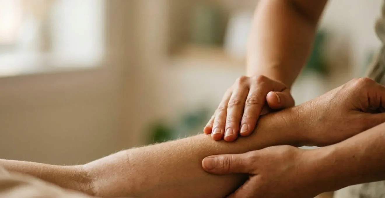 Contact thérapeutique entre mains de praticien et peau, symbolisant la communication neurologique