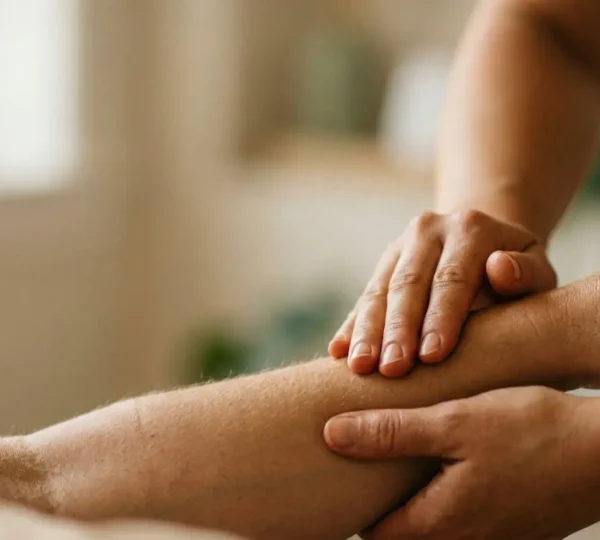 Contact thérapeutique entre mains de praticien et peau, symbolisant la communication neurologique